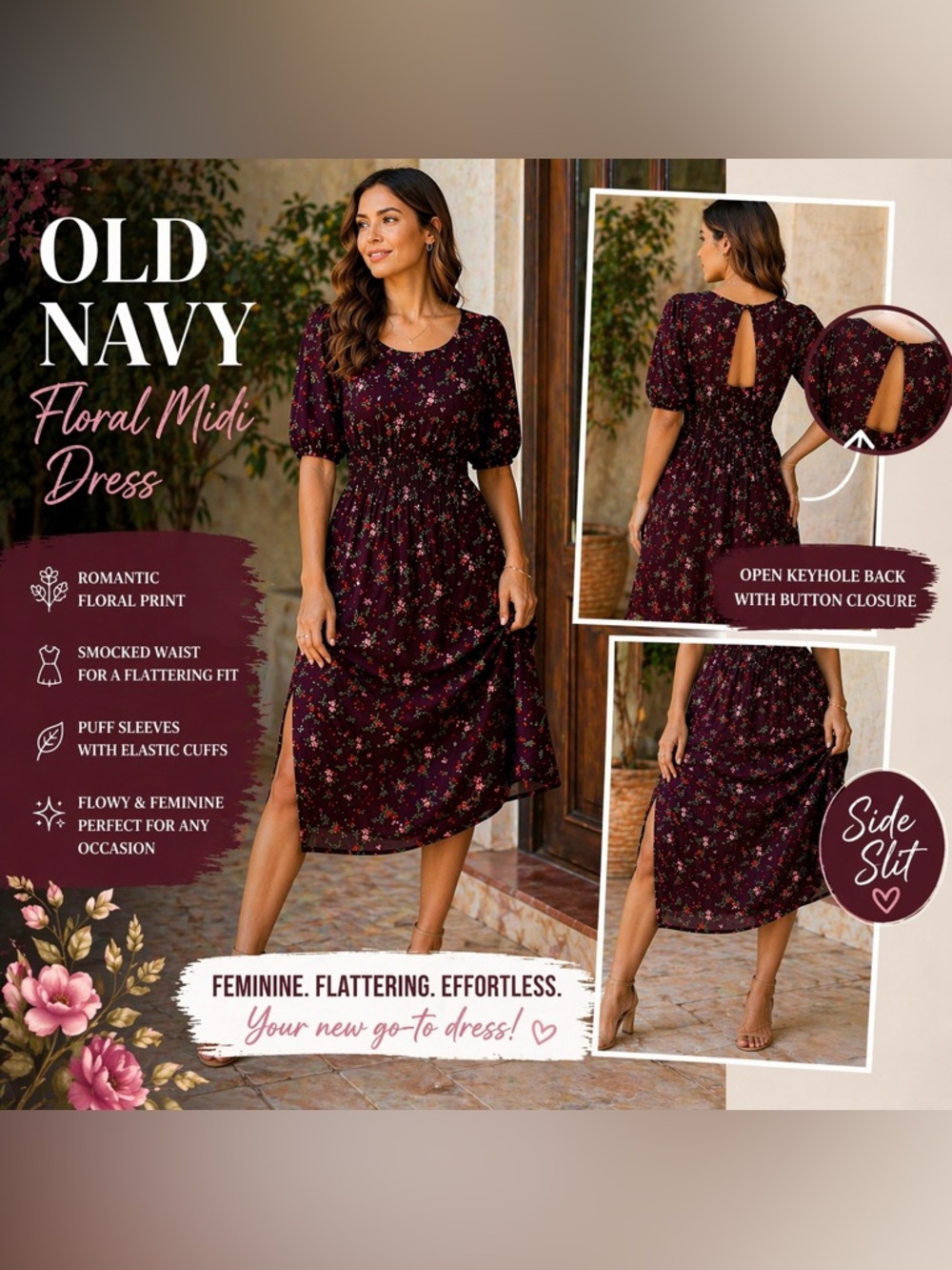Old Navy Burgundy Floral Midi Dress with Puff Sleeves